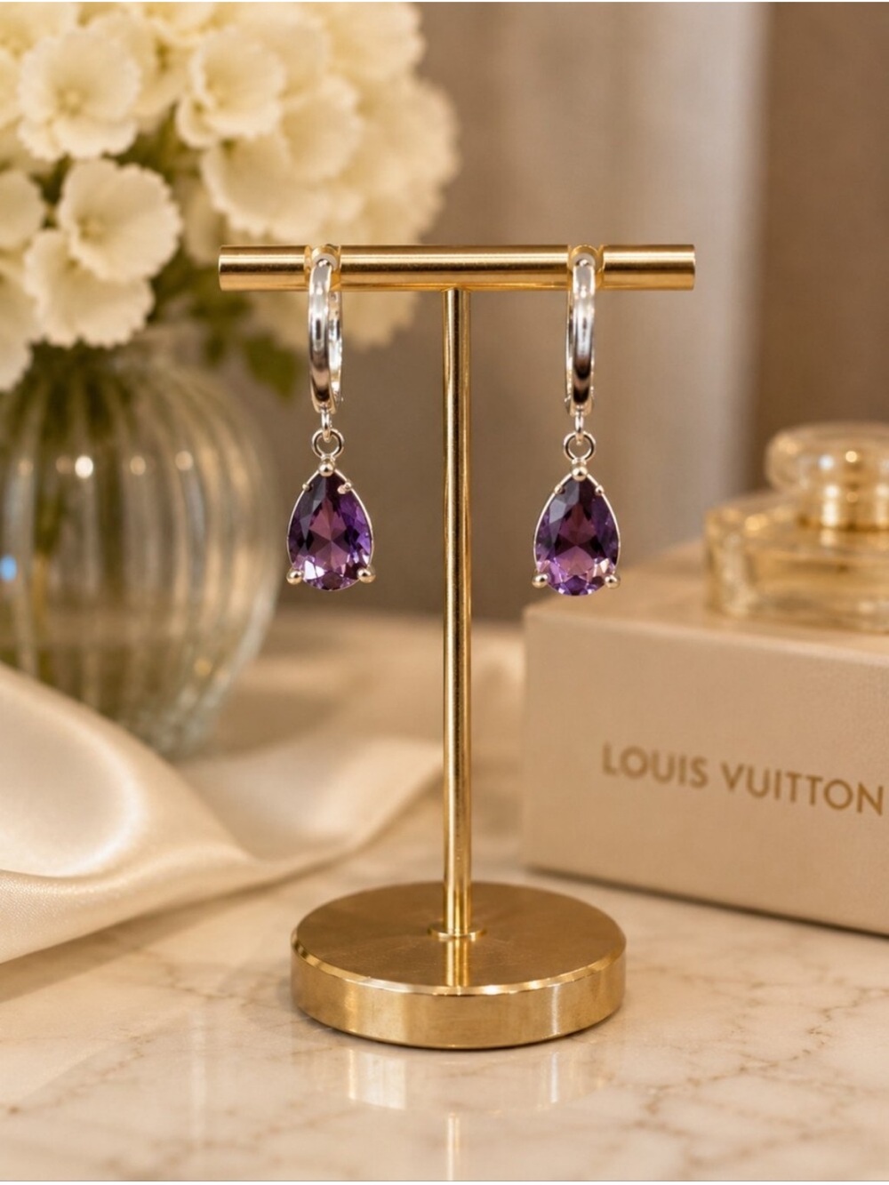 Purple Teardrop Drop Earrings - Sterling Silver